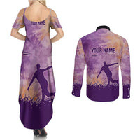 Custom Disc Golf Couples Matching Summer Maxi Dress and Long Sleeve Button Shirt with Purple Sunset Tie Dye Basket and Player Silhouette - Wonder Print Shop
