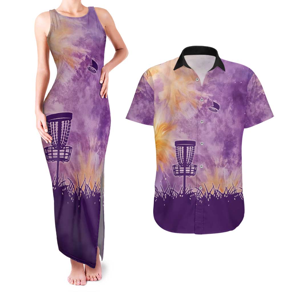 Custom Disc Golf Couples Matching Tank Maxi Dress and Hawaiian Shirt with Purple Sunset Tie Dye Basket and Player Silhouette - Wonder Print Shop