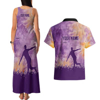 Custom Disc Golf Couples Matching Tank Maxi Dress and Hawaiian Shirt with Purple Sunset Tie Dye Basket and Player Silhouette - Wonder Print Shop