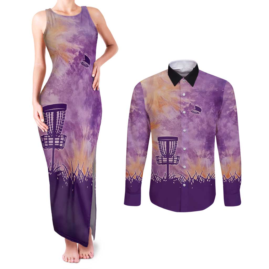 Custom Disc Golf Couples Matching Tank Maxi Dress and Long Sleeve Button Shirt with Purple Sunset Tie Dye Basket and Player Silhouette - Wonder Print Shop