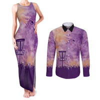 Custom Disc Golf Couples Matching Tank Maxi Dress and Long Sleeve Button Shirt with Purple Sunset Tie Dye Basket and Player Silhouette - Wonder Print Shop