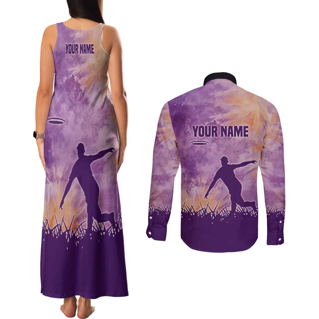 Custom Disc Golf Couples Matching Tank Maxi Dress and Long Sleeve Button Shirt with Purple Sunset Tie Dye Basket and Player Silhouette - Wonder Print Shop