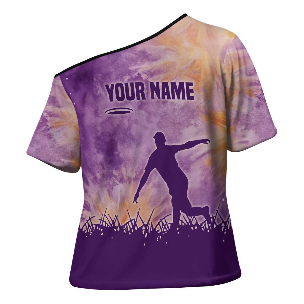 Custom Disc Golf Cross Shoulder Shirt with Purple Sunset Tie Dye Basket and Player Silhouette - Wonder Print Shop