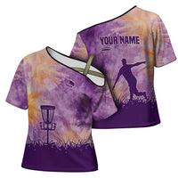 Custom Disc Golf Cross Shoulder Shirt with Purple Sunset Tie Dye Basket and Player Silhouette - Wonder Print Shop