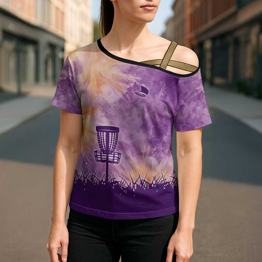 Custom Disc Golf Cross Shoulder Shirt with Purple Sunset Tie Dye Basket and Player Silhouette - Wonder Print Shop