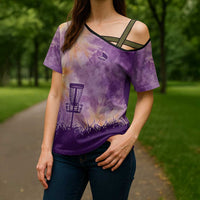 Custom Disc Golf Cross Shoulder Shirt with Purple Sunset Tie Dye Basket and Player Silhouette - Wonder Print Shop