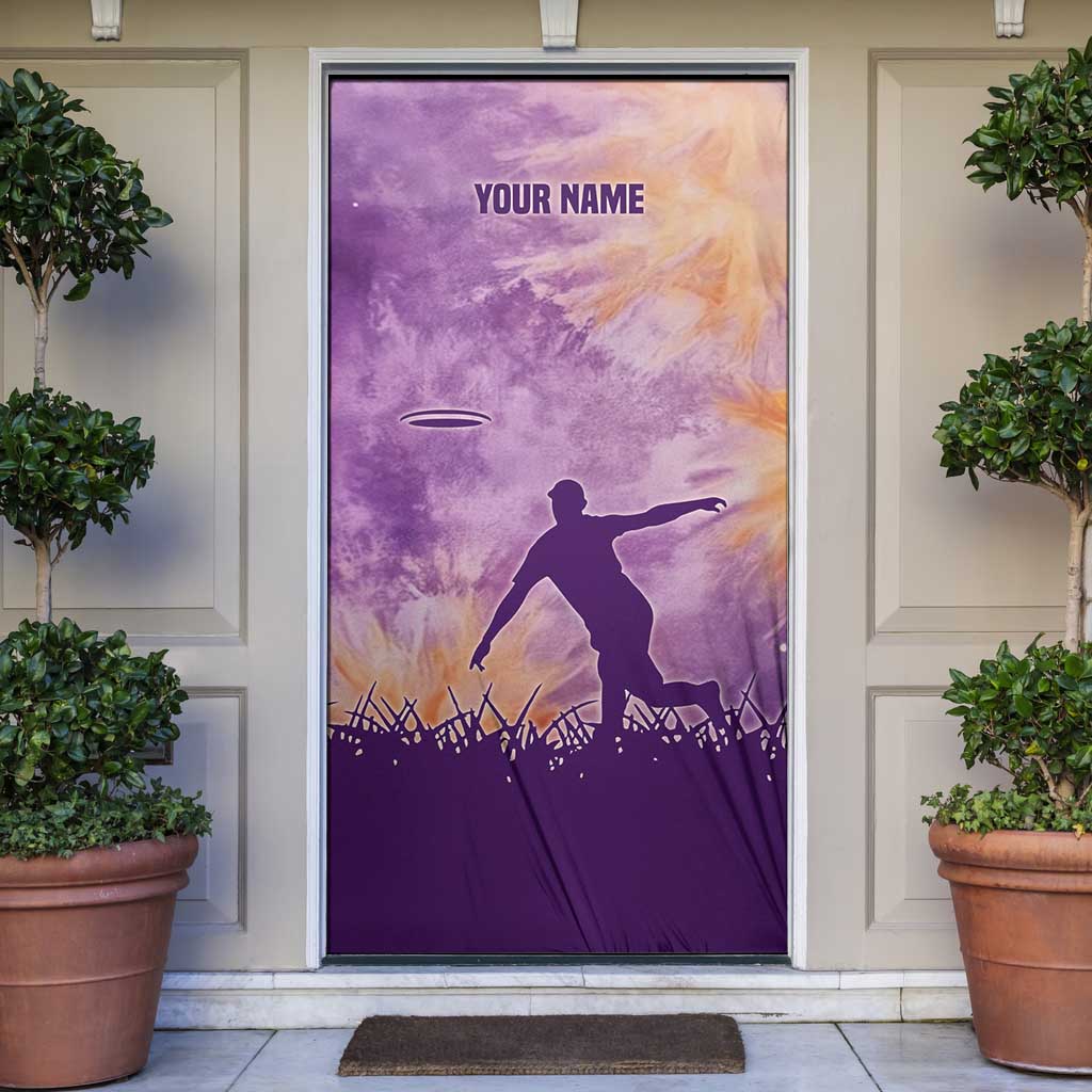 Custom Disc Golf Door Cover with Purple Sunset Tie Dye Basket and Player Silhouette - Wonder Print Shop