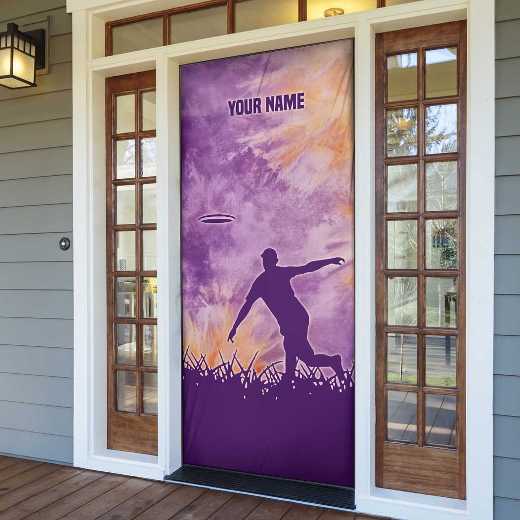 Custom Disc Golf Door Cover with Purple Sunset Tie Dye Basket and Player Silhouette - Wonder Print Shop