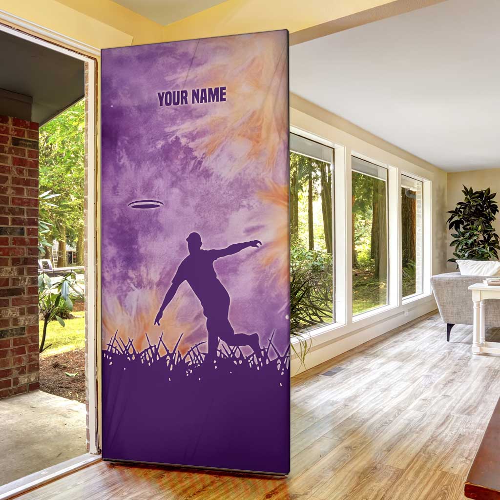 Custom Disc Golf Door Cover with Purple Sunset Tie Dye Basket and Player Silhouette - Wonder Print Shop