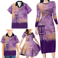 Custom Disc Golf Family Matching Long Sleeve Bodycon Dress and Hawaiian Shirt with Purple Sunset Tie Dye Basket and Player Silhouette - Wonder Print Shop