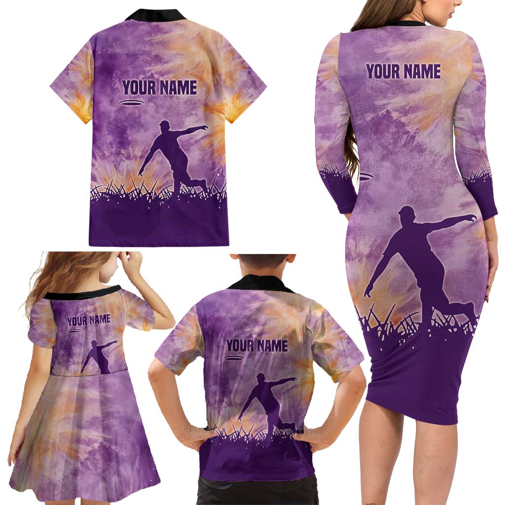 Custom Disc Golf Family Matching Long Sleeve Bodycon Dress and Hawaiian Shirt with Purple Sunset Tie Dye Basket and Player Silhouette - Wonder Print Shop