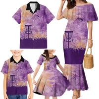 Custom Disc Golf Family Matching Mermaid Dress and Hawaiian Shirt with Purple Sunset Tie Dye Basket and Player Silhouette - Wonder Print Shop