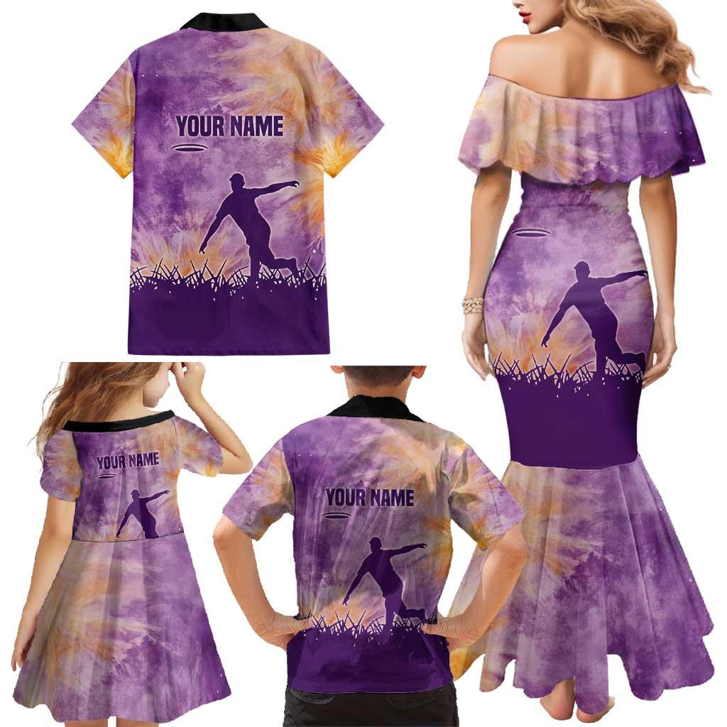 Custom Disc Golf Family Matching Mermaid Dress and Hawaiian Shirt with Purple Sunset Tie Dye Basket and Player Silhouette - Wonder Print Shop