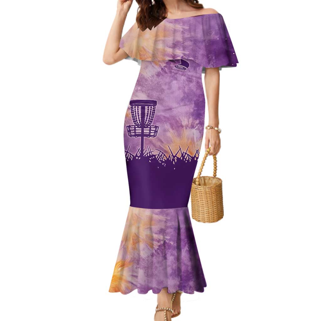 Custom Disc Golf Family Matching Mermaid Dress and Hawaiian Shirt with Purple Sunset Tie Dye Basket and Player Silhouette - Wonder Print Shop