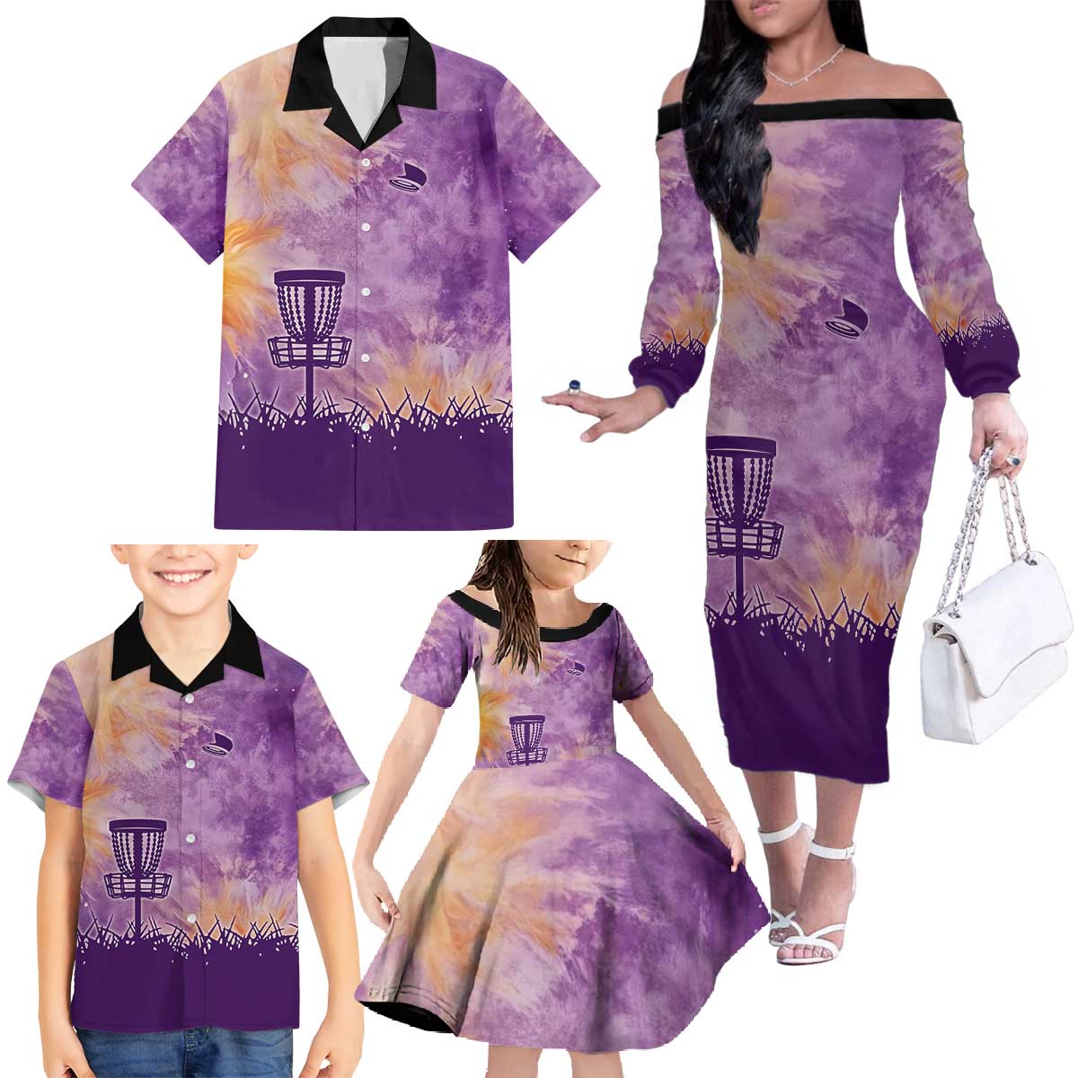 Custom Disc Golf Family Matching Off The Shoulder Long Sleeve Dress and Hawaiian Shirt with Purple Sunset Tie Dye Basket and Player Silhouette - Wonder Print Shop