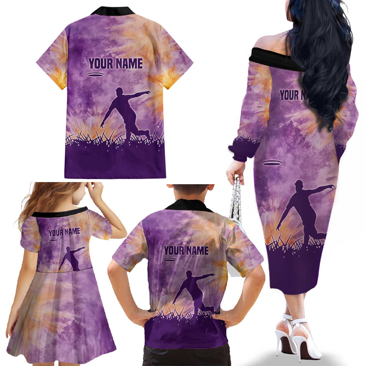 Custom Disc Golf Family Matching Off The Shoulder Long Sleeve Dress and Hawaiian Shirt with Purple Sunset Tie Dye Basket and Player Silhouette - Wonder Print Shop
