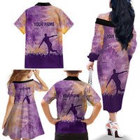 Custom Disc Golf Family Matching Off The Shoulder Long Sleeve Dress and Hawaiian Shirt with Purple Sunset Tie Dye Basket and Player Silhouette - Wonder Print Shop