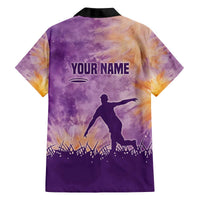 Custom Disc Golf Family Matching Off The Shoulder Long Sleeve Dress and Hawaiian Shirt with Purple Sunset Tie Dye Basket and Player Silhouette - Wonder Print Shop
