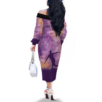 Custom Disc Golf Family Matching Off The Shoulder Long Sleeve Dress and Hawaiian Shirt with Purple Sunset Tie Dye Basket and Player Silhouette - Wonder Print Shop