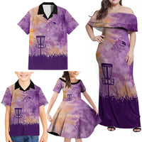 Custom Disc Golf Family Matching Off Shoulder Maxi Dress and Hawaiian Shirt with Purple Sunset Tie Dye Basket and Player Silhouette - Wonder Print Shop
