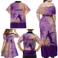 Custom Disc Golf Family Matching Off Shoulder Maxi Dress and Hawaiian Shirt with Purple Sunset Tie Dye Basket and Player Silhouette - Wonder Print Shop