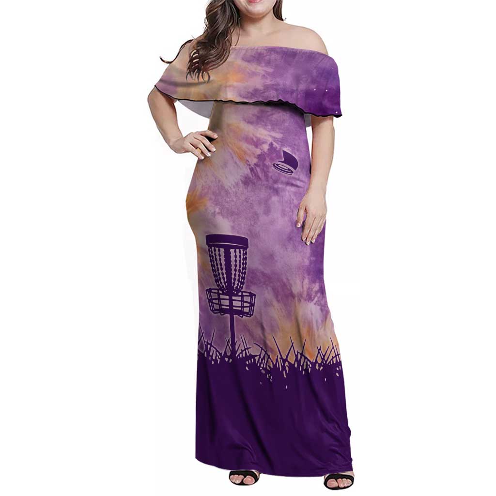 Custom Disc Golf Family Matching Off Shoulder Maxi Dress and Hawaiian Shirt with Purple Sunset Tie Dye Basket and Player Silhouette - Wonder Print Shop