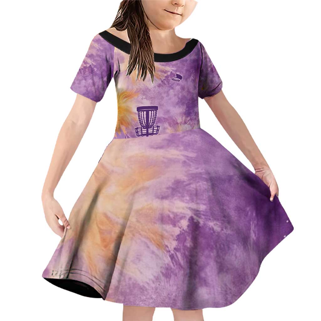 Custom Disc Golf Family Matching Off Shoulder Short Dress and Hawaiian Shirt with Purple Sunset Tie Dye Basket and Player Silhouette - Wonder Print Shop
