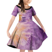 Custom Disc Golf Family Matching Off Shoulder Short Dress and Hawaiian Shirt with Purple Sunset Tie Dye Basket and Player Silhouette - Wonder Print Shop