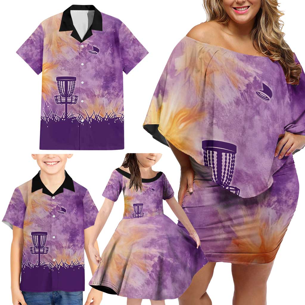 Custom Disc Golf Family Matching Off Shoulder Short Dress and Hawaiian Shirt with Purple Sunset Tie Dye Basket and Player Silhouette - Wonder Print Shop