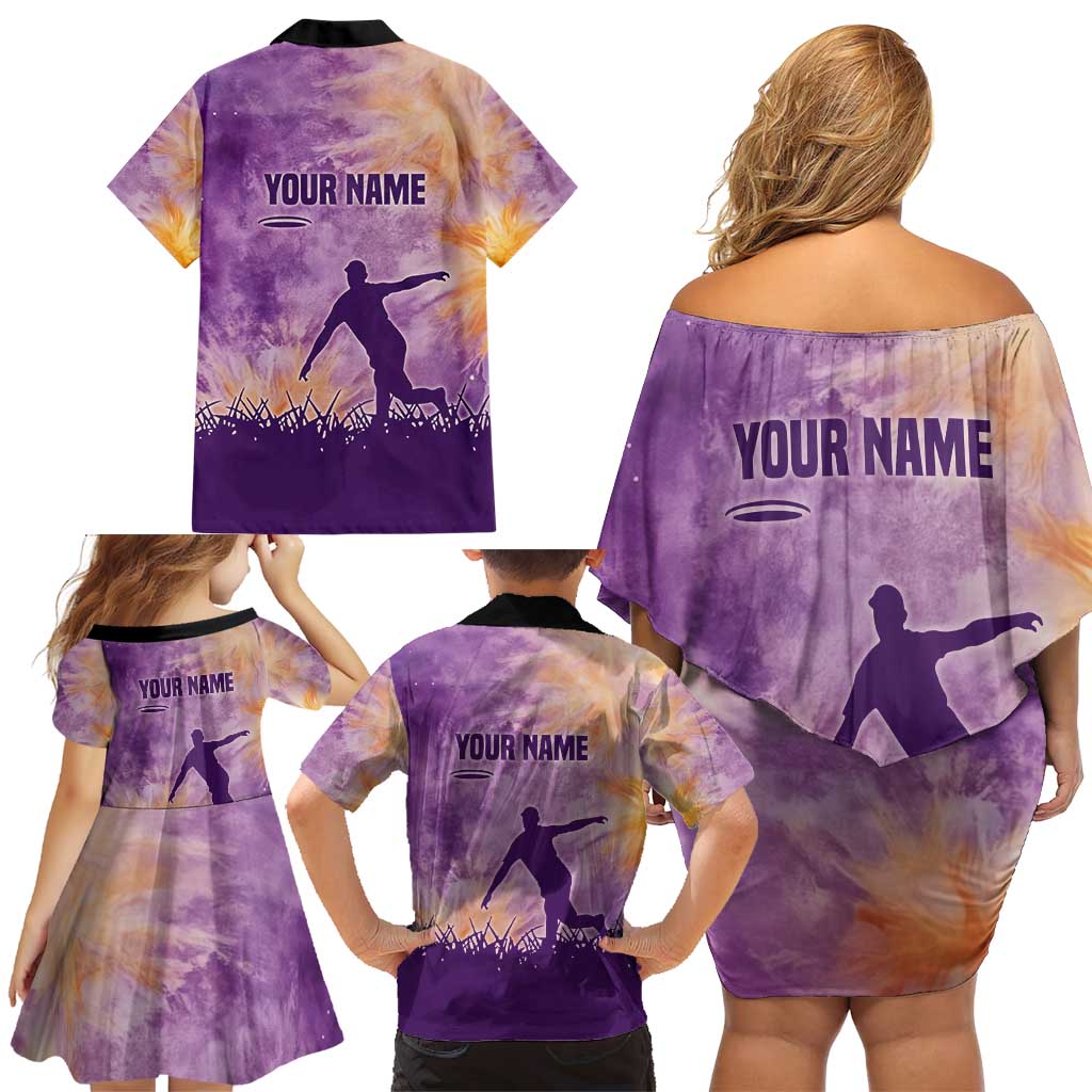 Custom Disc Golf Family Matching Off Shoulder Short Dress and Hawaiian Shirt with Purple Sunset Tie Dye Basket and Player Silhouette - Wonder Print Shop