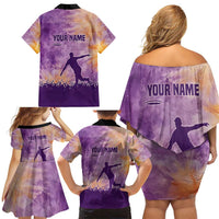Custom Disc Golf Family Matching Off Shoulder Short Dress and Hawaiian Shirt with Purple Sunset Tie Dye Basket and Player Silhouette - Wonder Print Shop