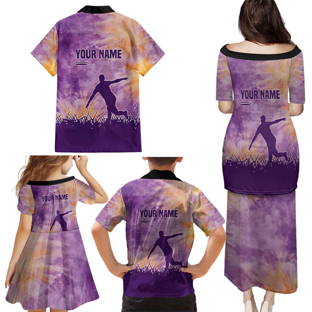 Custom Disc Golf Family Matching Puletasi and Hawaiian Shirt with Purple Sunset Tie Dye Basket and Player Silhouette - Wonder Print Shop