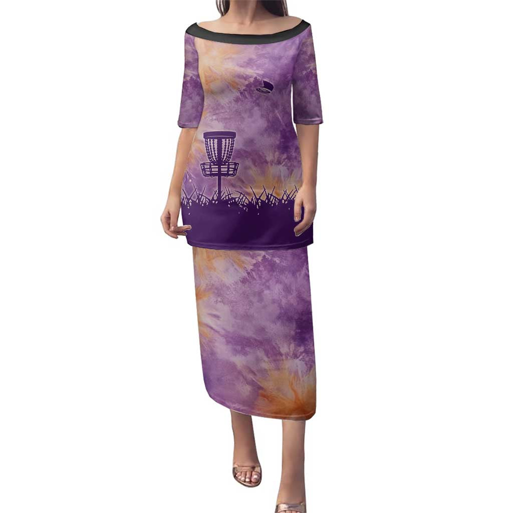 Custom Disc Golf Family Matching Puletasi and Hawaiian Shirt with Purple Sunset Tie Dye Basket and Player Silhouette - Wonder Print Shop
