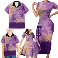 Custom Disc Golf Family Matching Short Sleeve Bodycon Dress and Hawaiian Shirt with Purple Sunset Tie Dye Basket and Player Silhouette - Wonder Print Shop