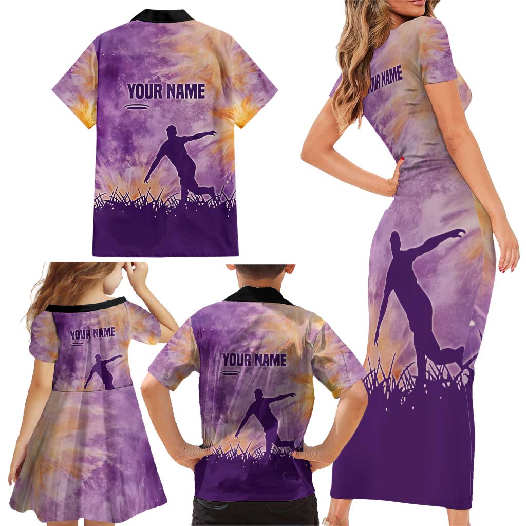 Custom Disc Golf Family Matching Short Sleeve Bodycon Dress and Hawaiian Shirt with Purple Sunset Tie Dye Basket and Player Silhouette - Wonder Print Shop