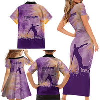 Custom Disc Golf Family Matching Short Sleeve Bodycon Dress and Hawaiian Shirt with Purple Sunset Tie Dye Basket and Player Silhouette - Wonder Print Shop