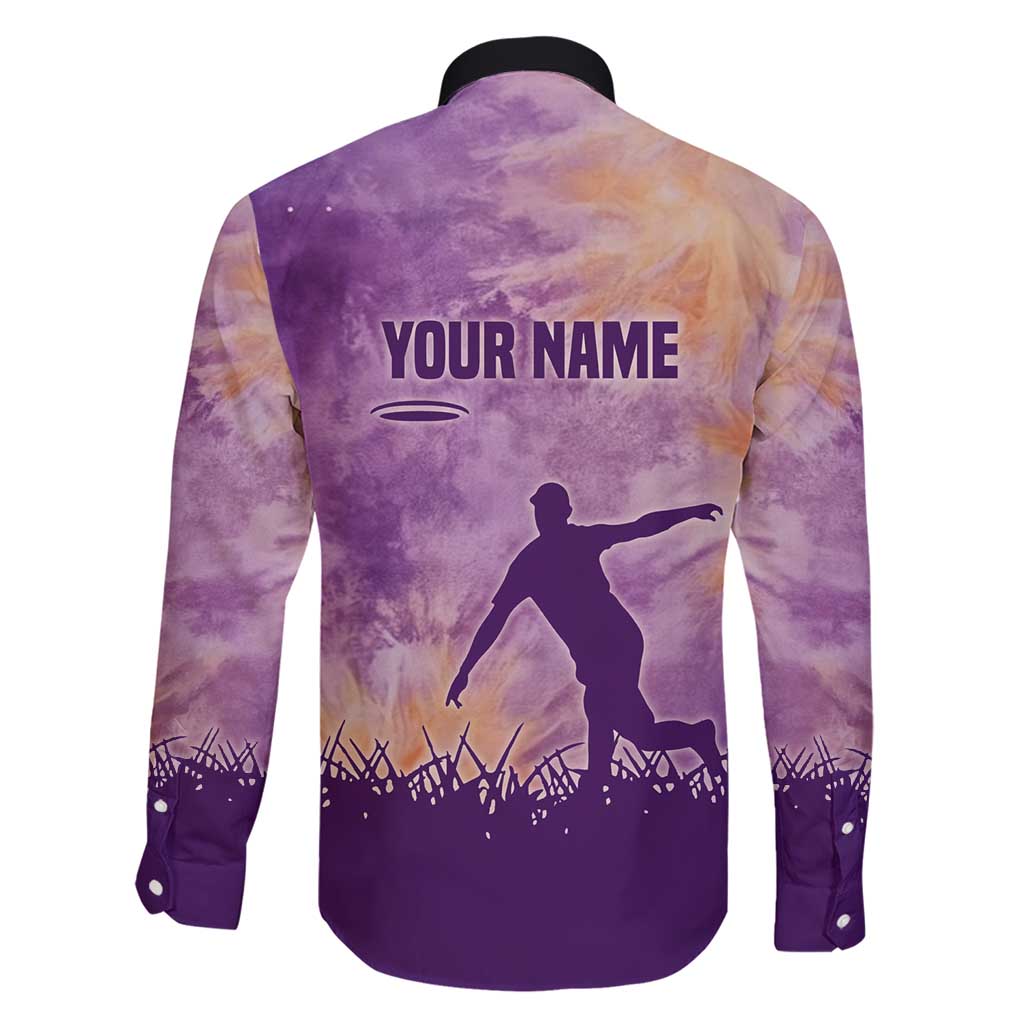 Custom Disc Golf Family Matching Short Sleeve Bodycon Dress and Hawaiian Shirt with Purple Sunset Tie Dye Basket and Player Silhouette - Wonder Print Shop