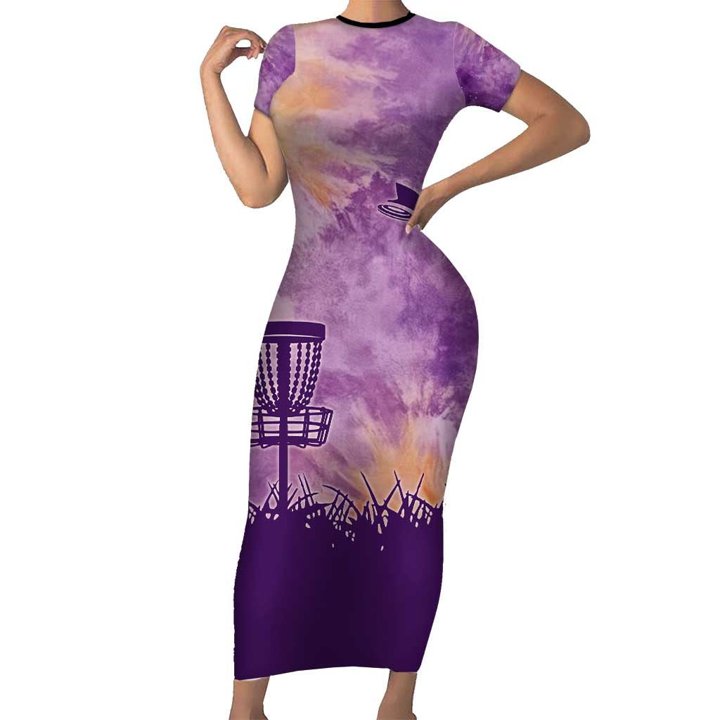 Custom Disc Golf Family Matching Short Sleeve Bodycon Dress and Hawaiian Shirt with Purple Sunset Tie Dye Basket and Player Silhouette - Wonder Print Shop