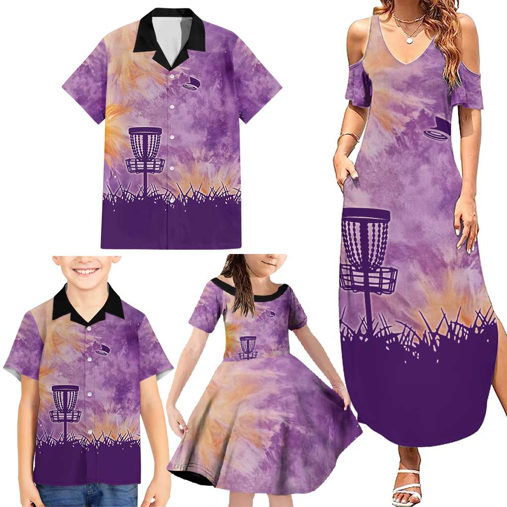 Custom Disc Golf Family Matching Summer Maxi Dress and Hawaiian Shirt with Purple Sunset Tie Dye Basket and Player Silhouette - Wonder Print Shop