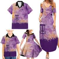 Custom Disc Golf Family Matching Summer Maxi Dress and Hawaiian Shirt with Purple Sunset Tie Dye Basket and Player Silhouette - Wonder Print Shop