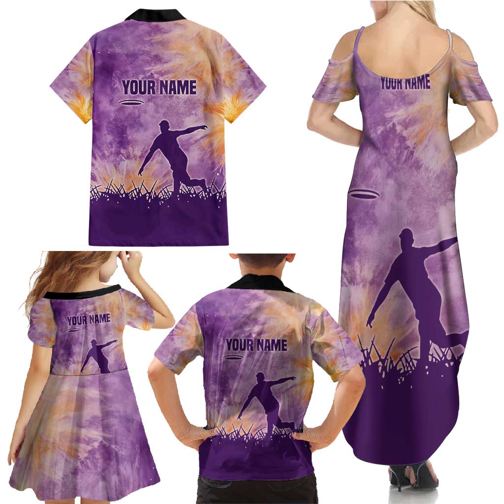 Custom Disc Golf Family Matching Summer Maxi Dress and Hawaiian Shirt with Purple Sunset Tie Dye Basket and Player Silhouette - Wonder Print Shop