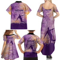 Custom Disc Golf Family Matching Summer Maxi Dress and Hawaiian Shirt with Purple Sunset Tie Dye Basket and Player Silhouette - Wonder Print Shop