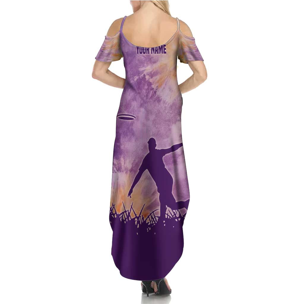 Custom Disc Golf Family Matching Summer Maxi Dress and Hawaiian Shirt with Purple Sunset Tie Dye Basket and Player Silhouette - Wonder Print Shop