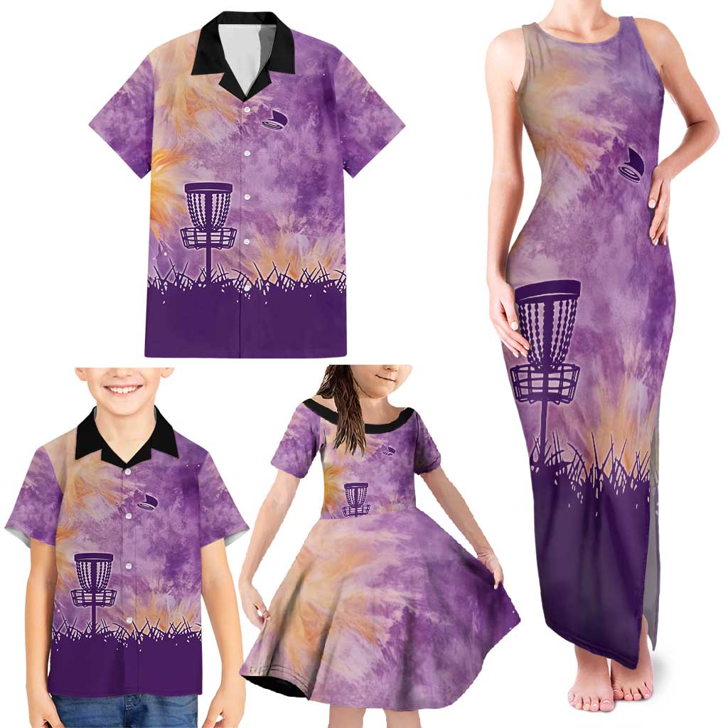 Custom Disc Golf Family Matching Tank Maxi Dress and Hawaiian Shirt with Purple Sunset Tie Dye Basket and Player Silhouette - Wonder Print Shop