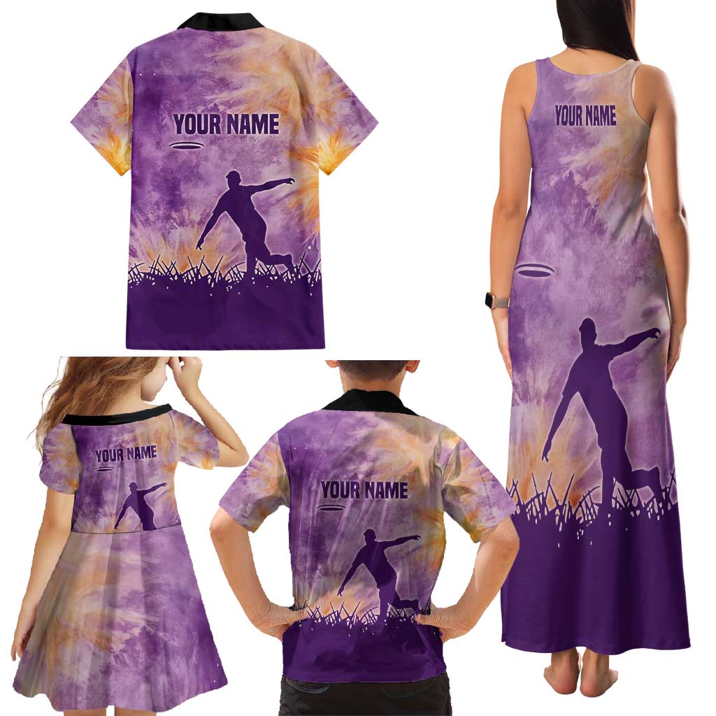 Custom Disc Golf Family Matching Tank Maxi Dress and Hawaiian Shirt with Purple Sunset Tie Dye Basket and Player Silhouette - Wonder Print Shop