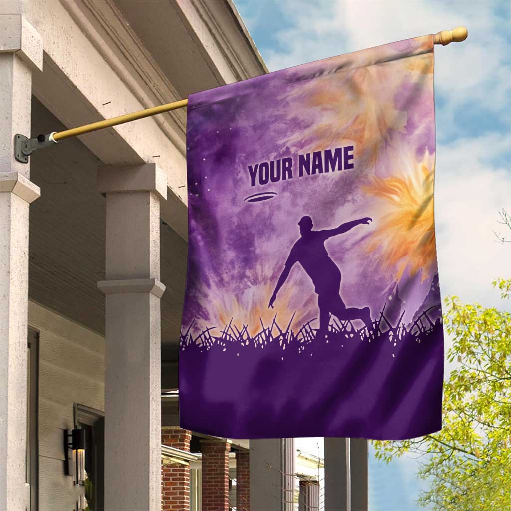 Custom Disc Golf Garden Flag with Purple Sunset Tie Dye Basket and Player Silhouette - Wonder Print Shop