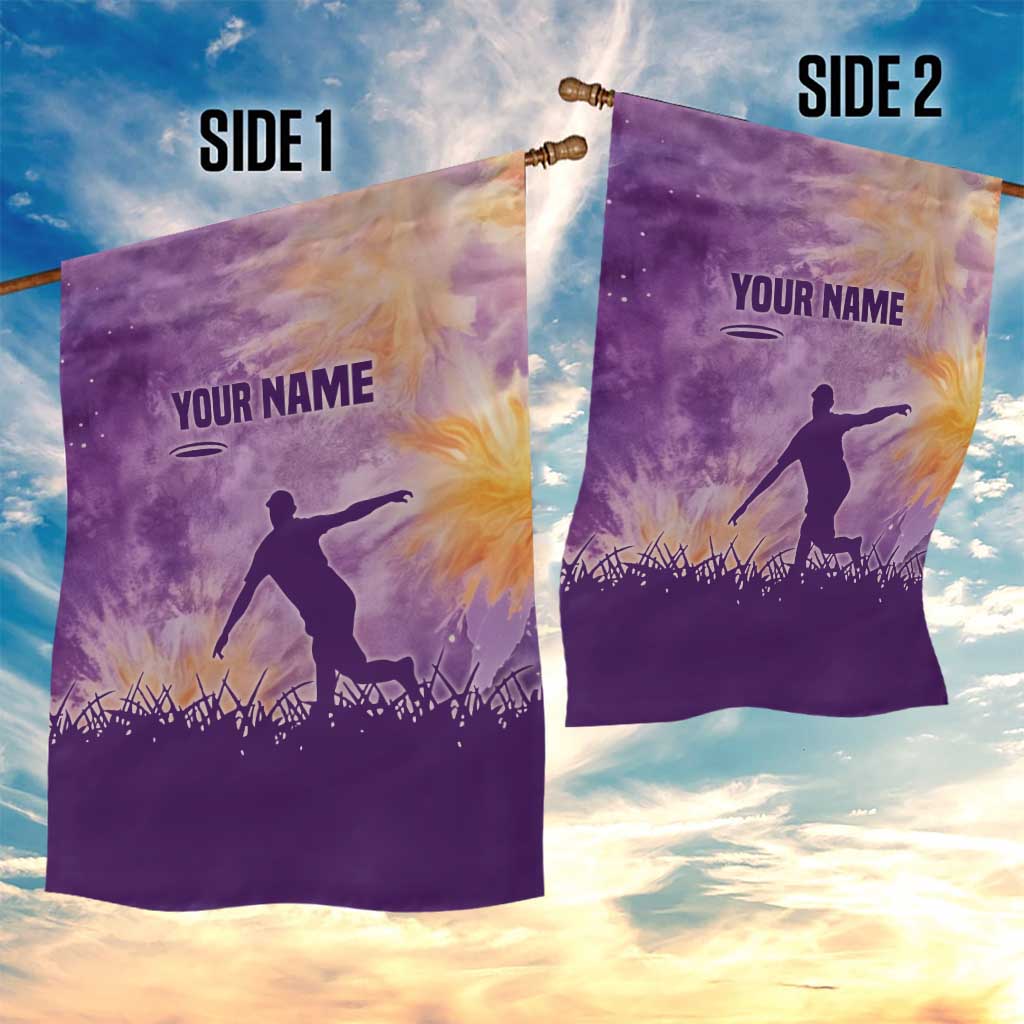 Custom Disc Golf Garden Flag with Purple Sunset Tie Dye Basket and Player Silhouette - Wonder Print Shop