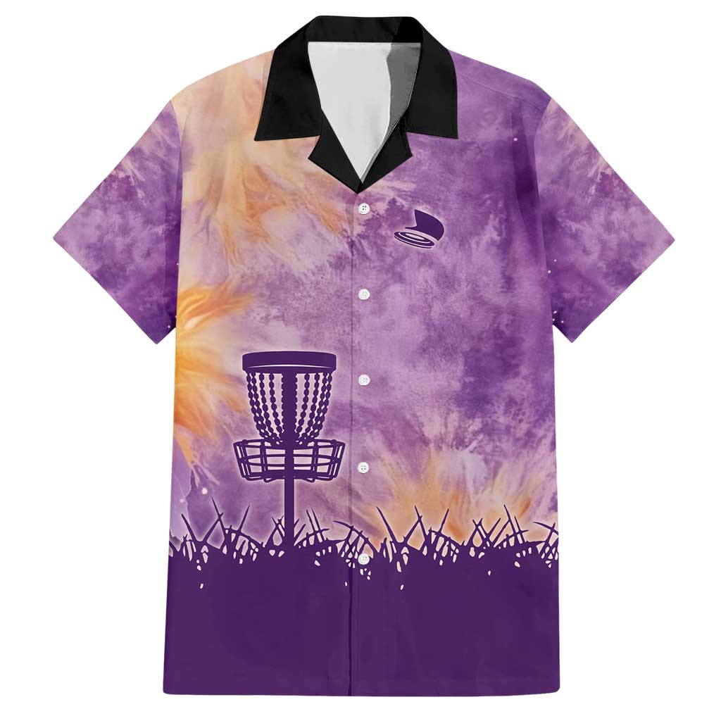 Custom Disc Golf Hawaiian Shirt with Purple Sunset Tie Dye Basket and Player Silhouette - Wonder Print Shop