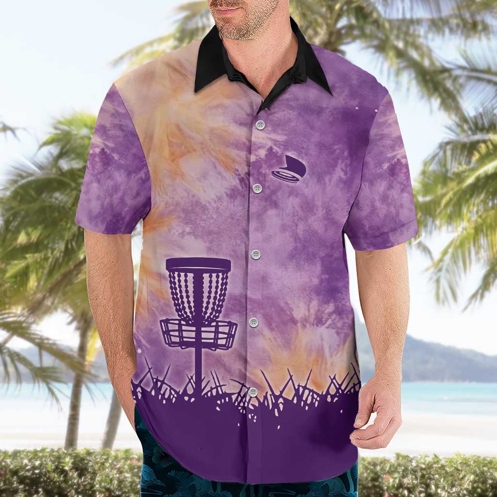 Custom Disc Golf Hawaiian Shirt with Purple Sunset Tie Dye Basket and Player Silhouette - Wonder Print Shop