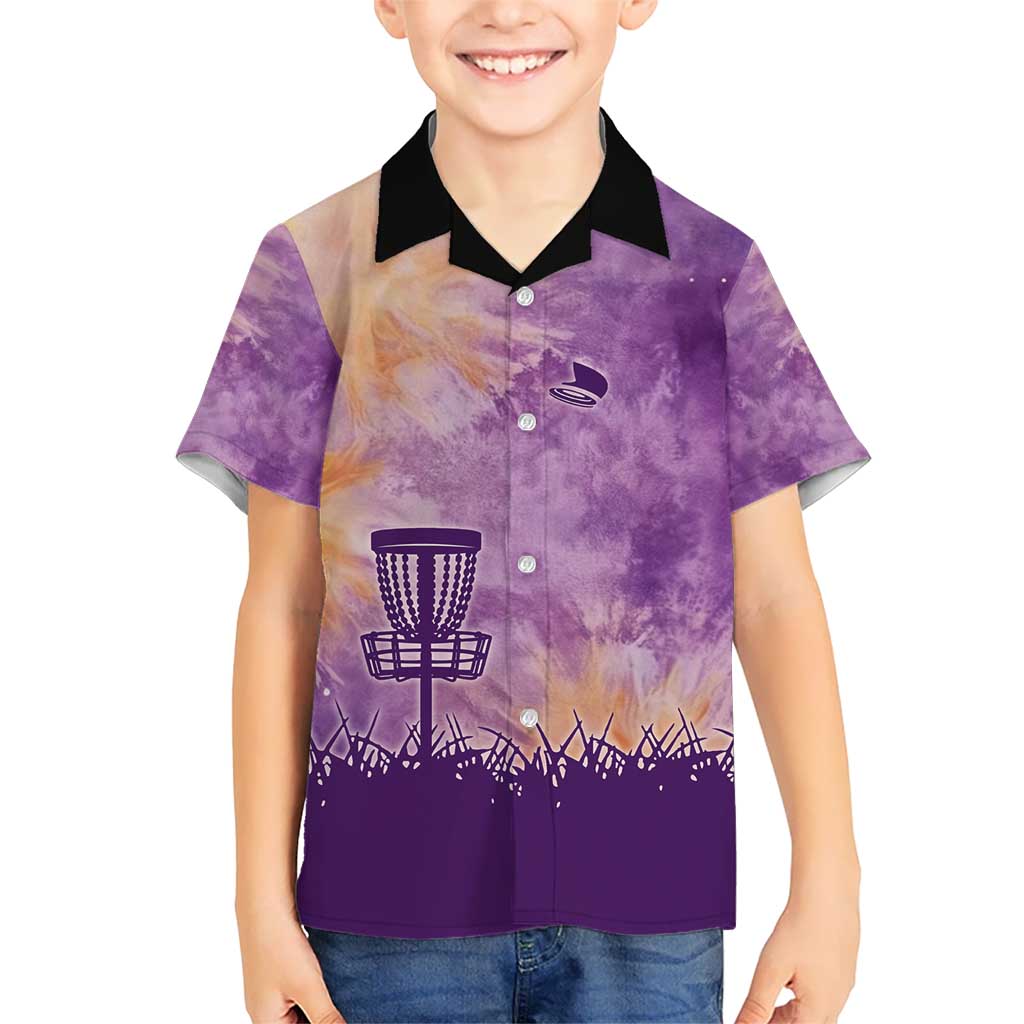 Custom Disc Golf Hawaiian Shirt with Purple Sunset Tie Dye Basket and Player Silhouette - Wonder Print Shop